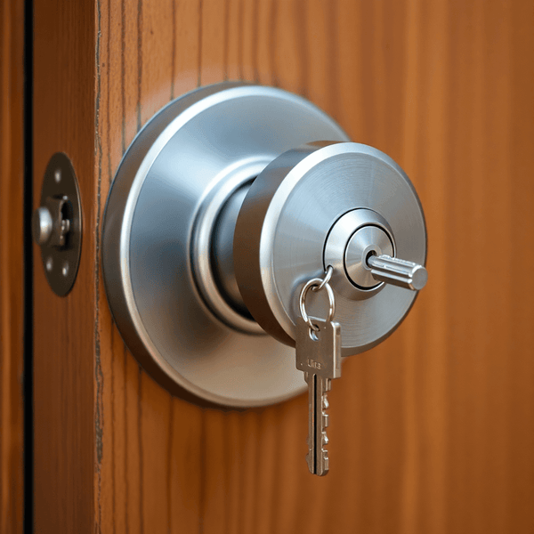 Close-up of a modern door lock with a key partially inserted on a wooden door, highlighting home security and smooth operation.