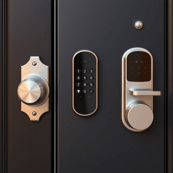 Close-up of a modern front door with a deadbolt, electronic keypad, and smart lock side by side, showcasing advanced home security technology.