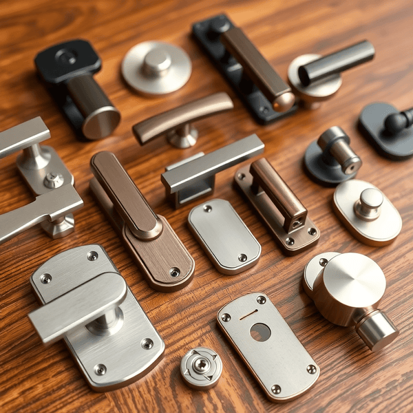 Close-up of various high-quality door handles and locks on a wooden surface, highlighting different designs and finishes with a warm, inviting aesthetic.